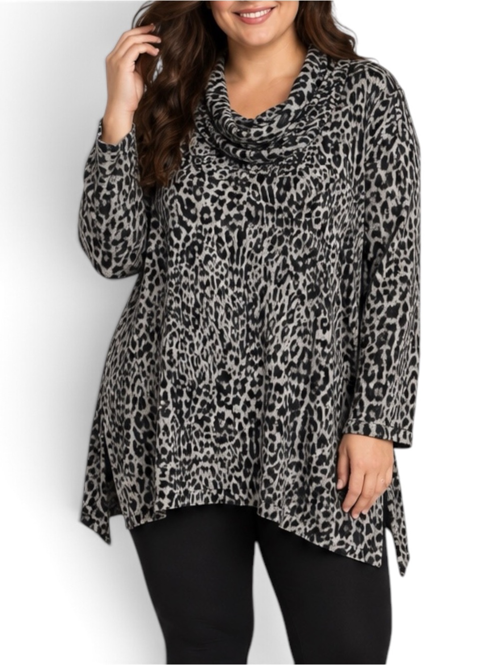 Avenue 3X 22/24 Leopard Cowl Neck Tunic Sweater Gray Black Stretch Plus